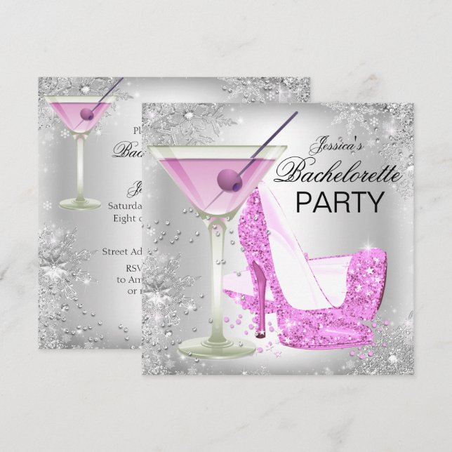 Pink Silver High Heel Shoes Bachelorette Party Invitation (Front/Back)