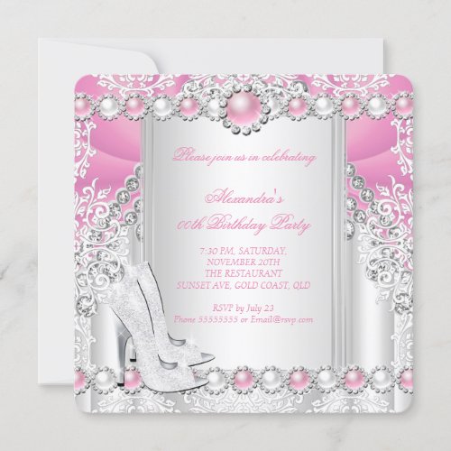 Pink Silver High Heels Pearl Birthday Party 2 Invitation