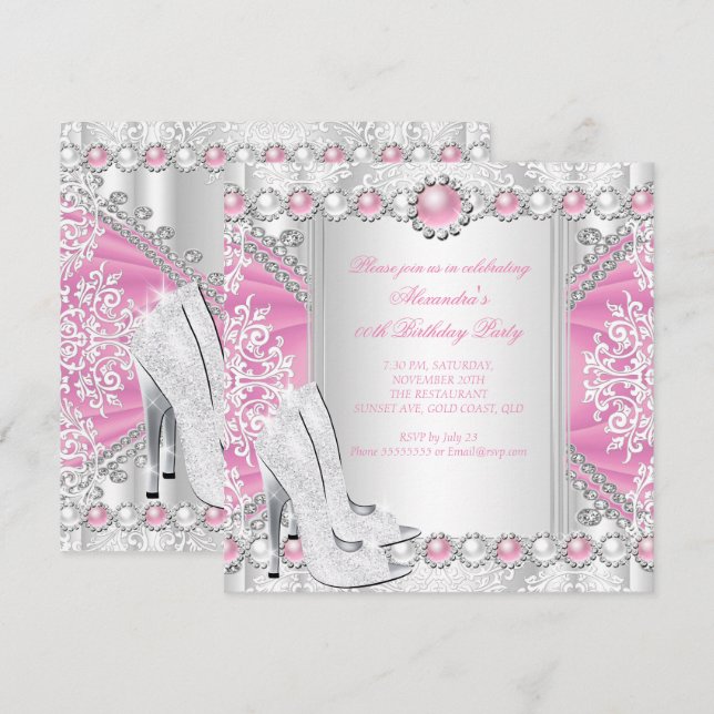 Pink Silver High Heels White Pearl Birthday Party Invitation (Front/Back)
