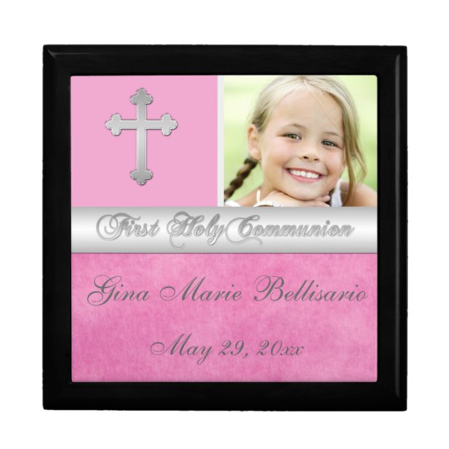 Pink, Silver Holy Communion Keepsake Jewelry Box (Front)