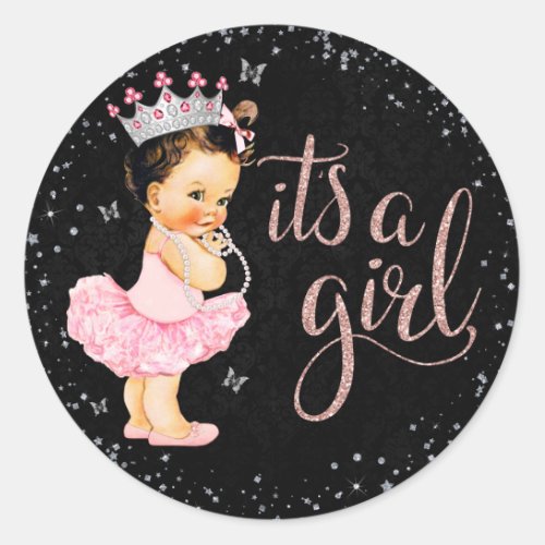 Pink Silver Its a Girl Princess Girl Baby Shower Classic Round Sticker