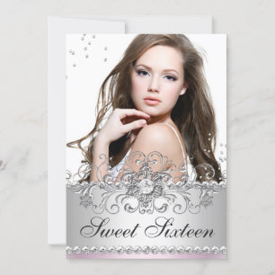 Pink & Silver Jewel Snowflake Swirl Sweet 16 Photo Invitation