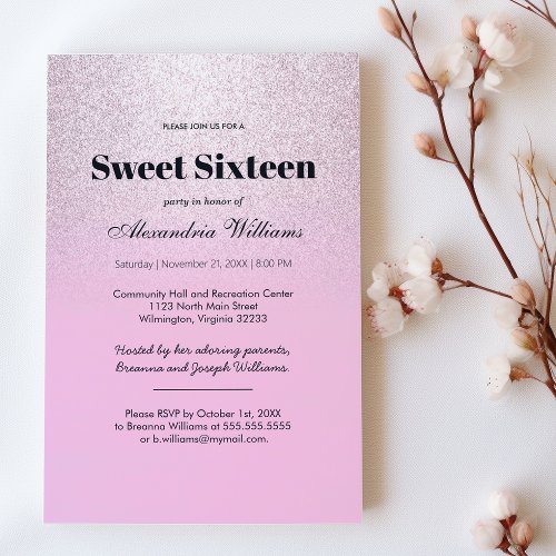 Pink silver lavender gradient glitter Sweet 16 Invitation
