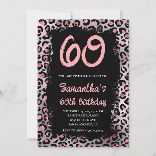 Pink Silver Leopard Painted Black 60th Birthday Invitation