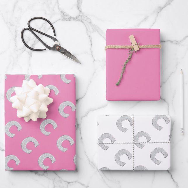 Pink Silver Letter C Wrapping Paper Sheets (Front)