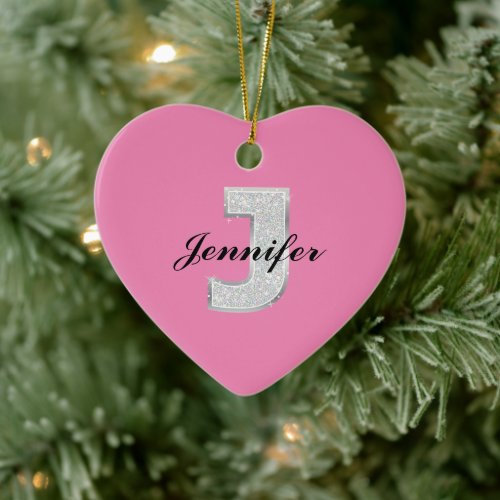 Pink Silver Letter J Ceramic Ornament