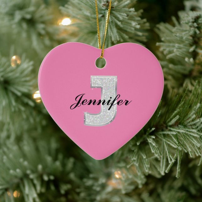Pink Silver Letter J Ceramic Ornament (Tree)