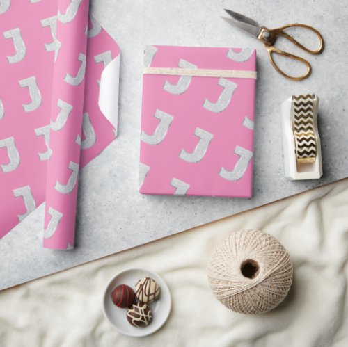 Pink Silver Letter J Wrapping Paper