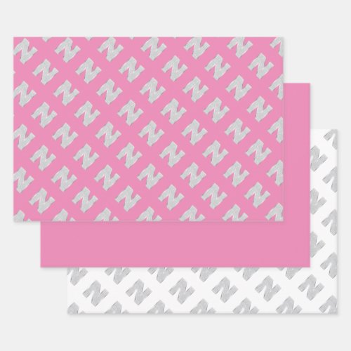 Pink Silver Letter N Wrapping Paper Sheets