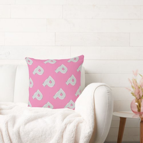 Pink Silver Letter P Throw Pillow
