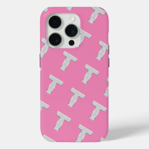 Pink Silver Letter T iPhone 15 Pro Case