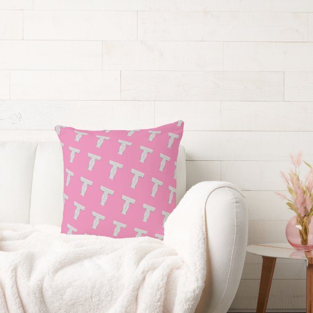 Pink Silver Letter T Throw Pillow (Couch)