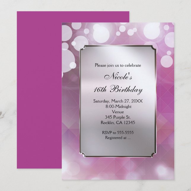 Pink Silver Lights Glam Birthday Party Invitations (Front/Back)