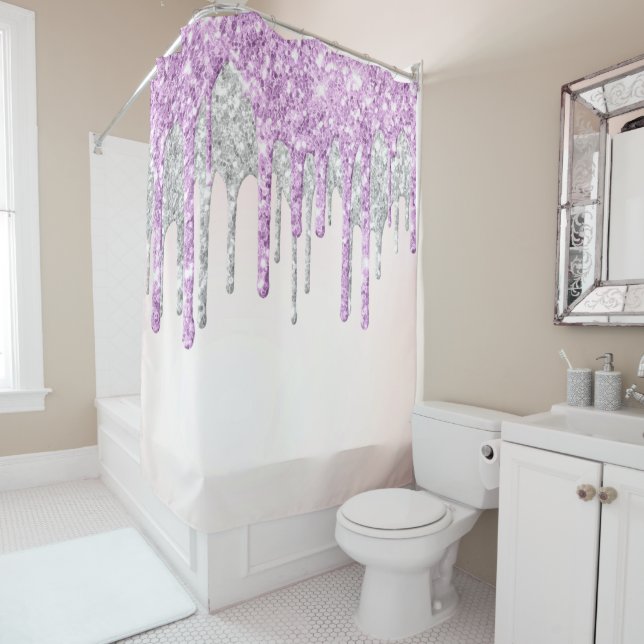 *~* Pink SILVER MAGENTA Drip Dripping GLITTER AP7 Shower Curtain (In Situ)