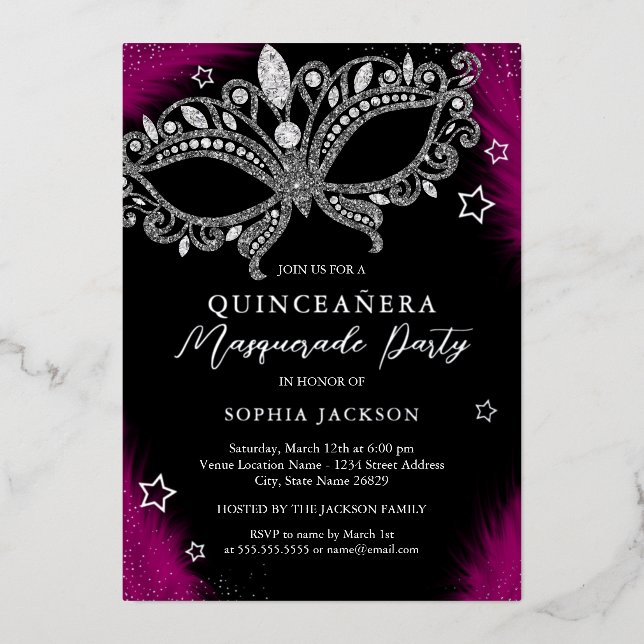 Pink Silver Masquerade Mask Star Quinceanera Foil Invitation (Front)