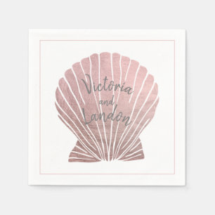 Pink Silver Metallic Seashell Name Beach Wedding  Napkins
