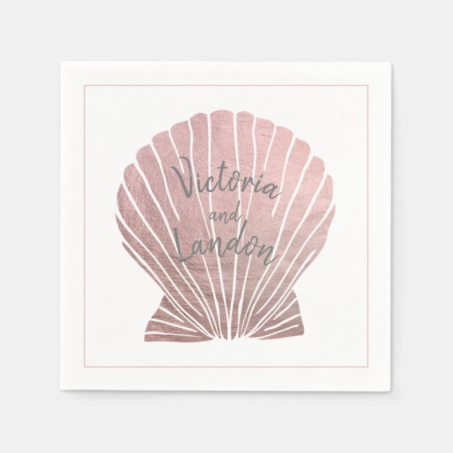 Pink Silver Metallic Seashell Name Beach Wedding  Napkins (Front)