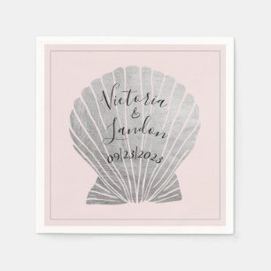 Pink Silver Metallic Seashells Name Beach Wedding Napkins