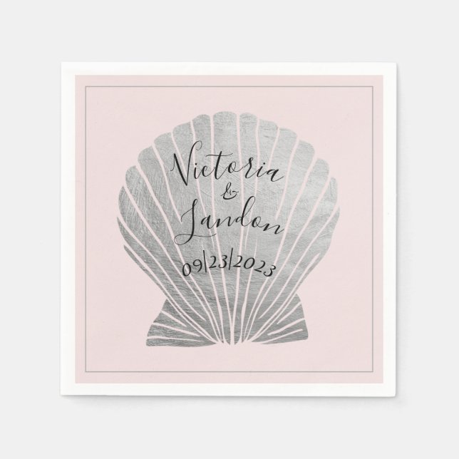 Pink Silver Metallic Seashells Name Beach Wedding Napkins (Front)