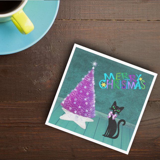 Pink Silver Mid Century Chistmas Tree Cat Teal Napkins (Pink Silver Tree black cat with bow Teal room on Merry Christmas paper napkins.)