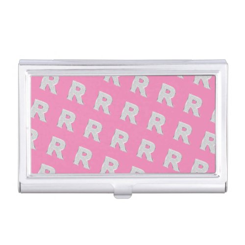 Pink Silver monogram letter R  Business Card Case