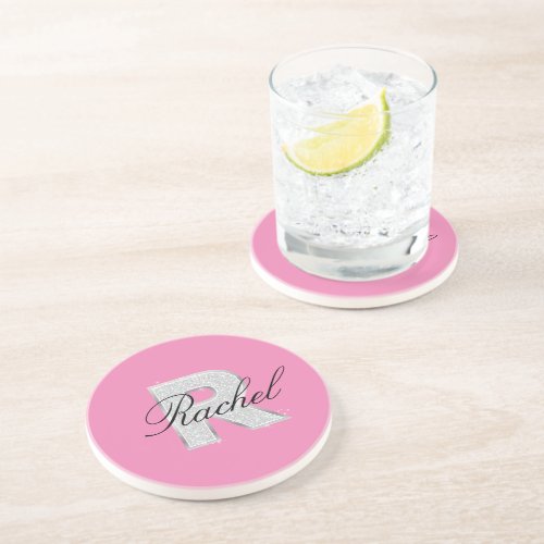 Pink Silver monogram letter R Coaster