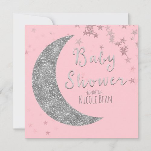 Pink  Silver Moon  Stars Baby Shower Invitations