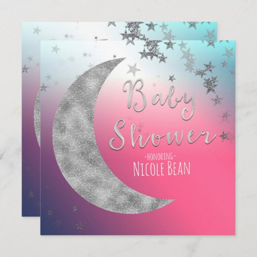 Pink Silver Moon  Stars Baby Shower Invitations