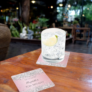 Pink silver name elegant birthday square paper coaster