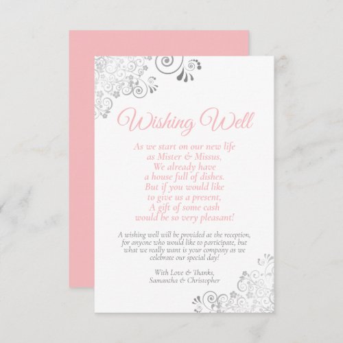 Pink  Silver on White Wedding Wishing Well Poem Enclosure Card