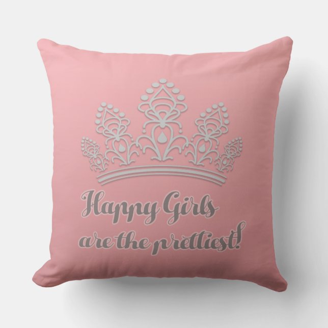 Pink Silver Pageant Tiara Happy Girls Prettiest Throw Pillow (Front)