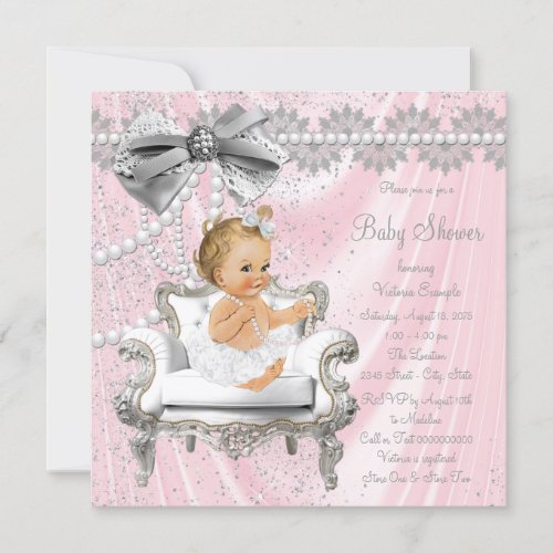 Pink Silver Pearl Chair Girl Baby Shower Invitation