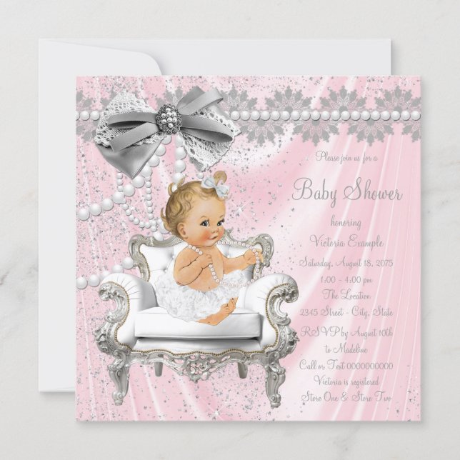 Pink Silver Pearl Chair Girl Baby Shower Invitation (Front)