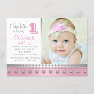 Pink Silver Pearl First Birthday Invitation