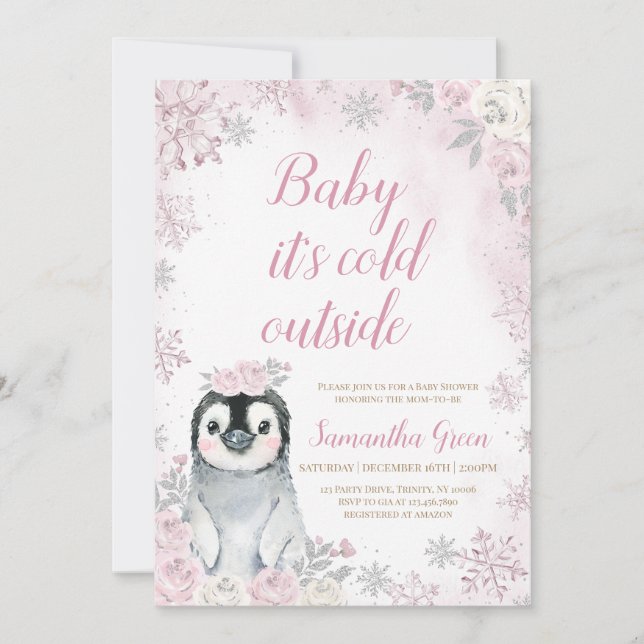 Pink Silver Penguin Baby Shower Invitation (Front)