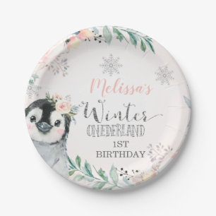 Pink Silver Penguin Winter Onederland Birthday Paper Plates