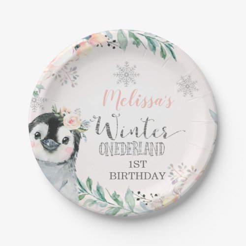 Pink Silver Penguin Winter Onederland Birthday Paper Plates