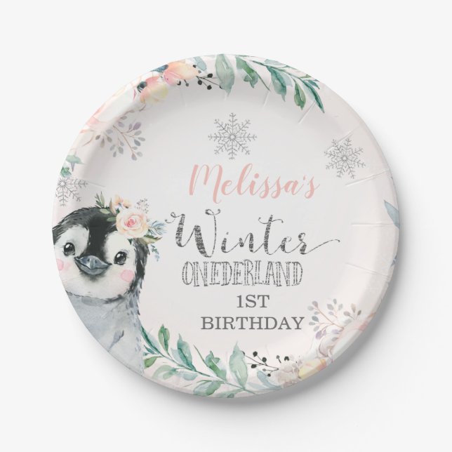 Pink Silver Penguin Winter Onederland Birthday Paper Plates (Front)