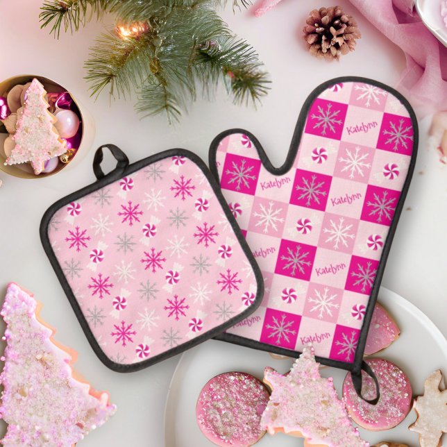 Pink & Silver Peppermints Snowflakes Add Your Name Oven Mitt & Pot Holder Set (Creator Uploaded)