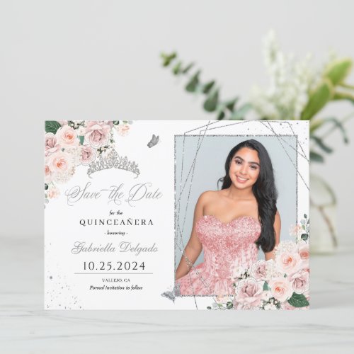Pink  Silver Photo Card Quinceaera Save The Date