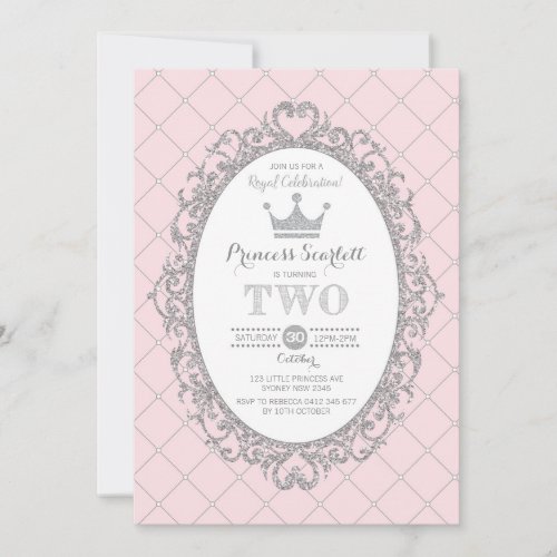 Pink Silver Princess 2nd Birthday Party Crown Invitation