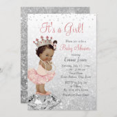 Pink Silver Princess African American Baby Shower Invitation (Front/Back)