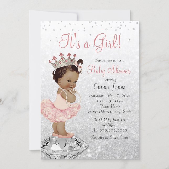 Pink Silver Princess African American Baby Shower Invitation (Front)