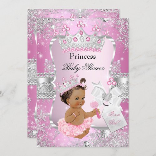 Pink Silver Princess Baby Shower Brunette Girl Invitation