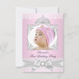 pink & Silver Princess Girl First Birthday Party Invitation