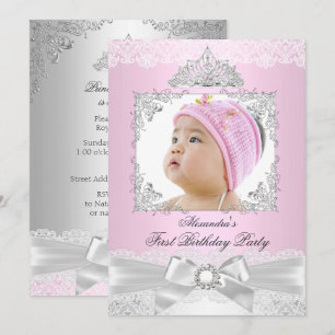 pink & Silver Princess Girl First Birthday Party Invitation