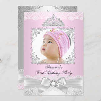 pink & Silver Princess Girl First Birthday Party Invitation