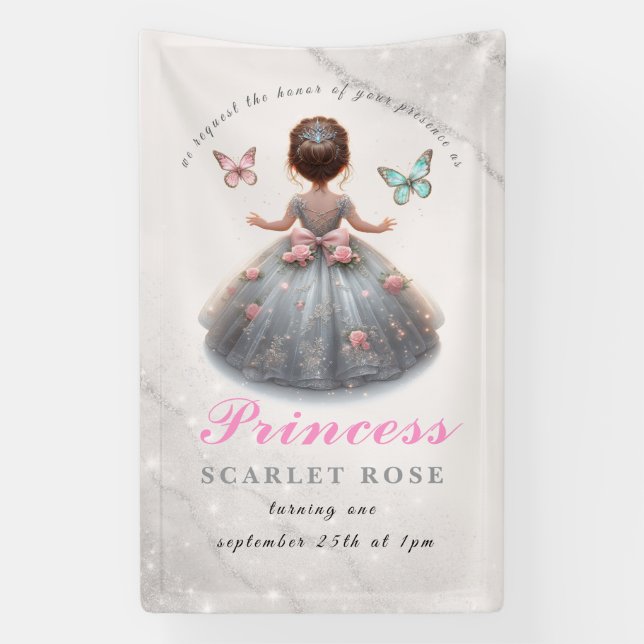 Pink silver princess gown Fairytale birthday party Banner (Vertical)