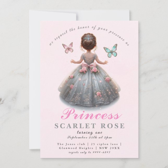 Pink silver princess gown Fairytale birthday party Invitation (Front)