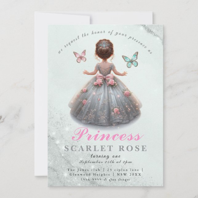 Pink silver princess gown Fairytale birthday party Invitation (Front)